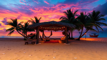 Beautiful sunset on the beach in the tropics. 3d renderの写真素材