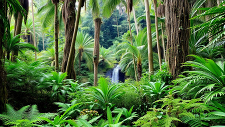Beautiful tropical forest with waterfall and ferns in Hawaii.の写真素材