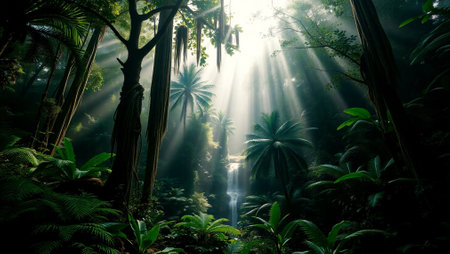 Beautiful tropical rainforest with sunbeams and lens flare.