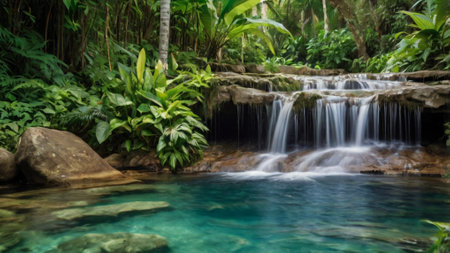 Tropical waterfall in deep rain forest. Beautiful waterfall in jungle.の写真素材