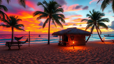 Beautiful tropical beach and sea with coconut palm tree at sunset time - Holiday Vacation conceptの写真素材