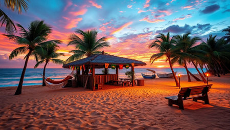 Beautiful tropical sunset on the beach with palm trees and hammockの写真素材