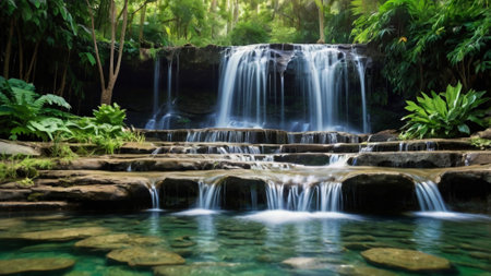 Waterfall in tropical forest, Thailand. Waterfall in rainforest.の写真素材