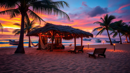 Beautiful sunset on the beach with palm trees and bungalowsの写真素材