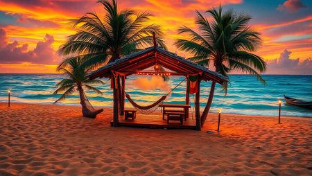 Hammock on the beach with palm tree at beautiful sunset.の写真素材