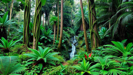 Beautiful tropical forest with a waterfall in the rainforest