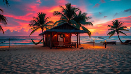 Beautiful sunset on the beach with wooden bungalows and palm treesの写真素材