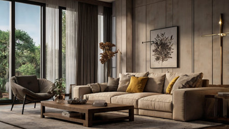 Interior of modern living room with brown sofa, 3d render