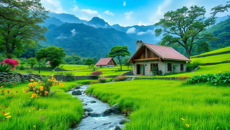 Landscape of rice terraces with wooden house in the countryside.の写真素材