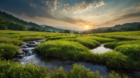 Mountain landscape with a river at sunset. Beautiful summer scenery.の写真素材