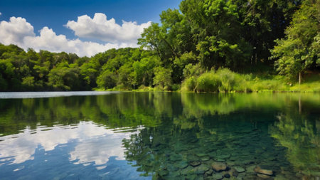 Beautiful summer landscape with blue lake and forest reflected in water.の写真素材