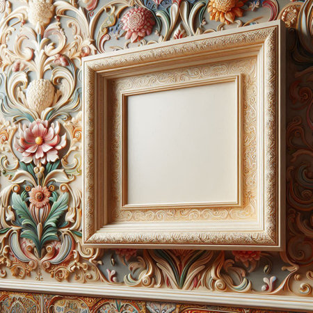 Vintage picture frame with floral ornament on the wall. 3d rendering