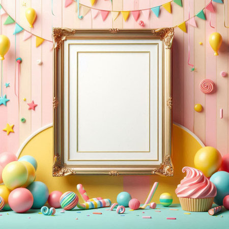 Mock up blank frame with candies, cupcake and confetti on colorful background. 3d render
