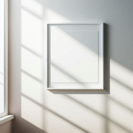 White frame hanging on a white wall. 3d rendering mock up