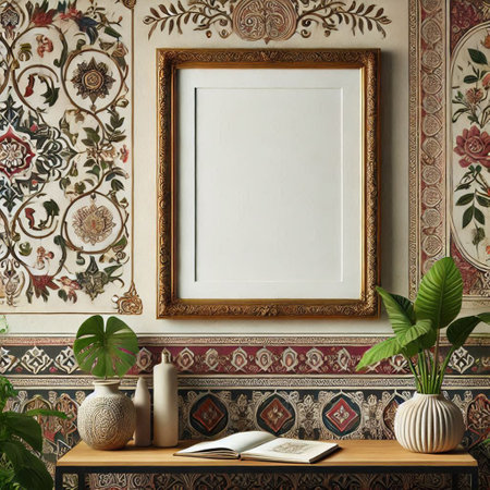 Mock up poster frame in interior background. 3d render illustrationの写真素材