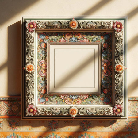 Vintage picture frame with floral pattern on the wall. 3d renderingの写真素材