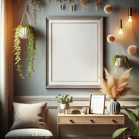 Mock up poster frame in interior background, Scandinavian style, 3D render