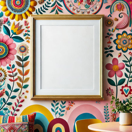 Blank frame mockup on colorful wall background. 3d rendering