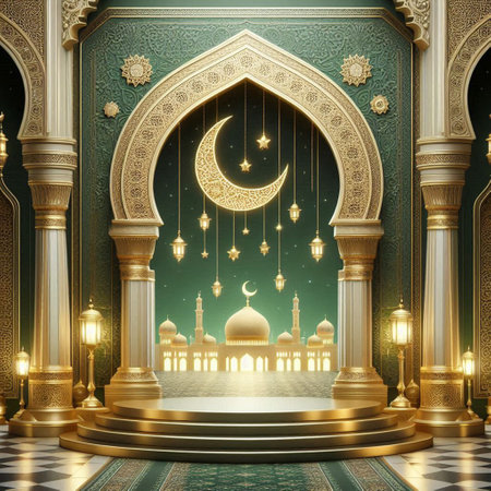 3D rendering of golden mosque in islamic style with crescent moon and golden carpetの写真素材