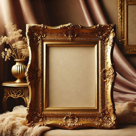Vintage golden frame on the background of drapery and curtains