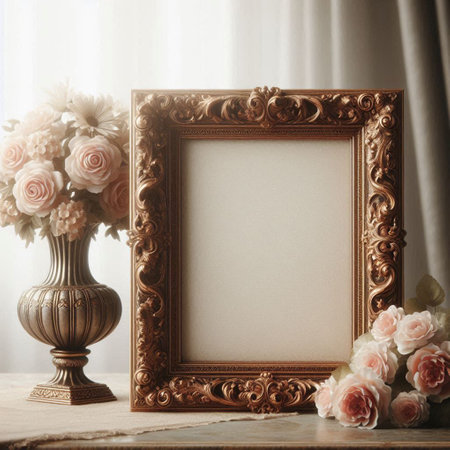 Vintage photo frame with flowers in vase on a wooden tableの写真素材
