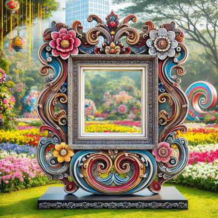 Picture frame in the garden with colorful flower decoration on the wall.