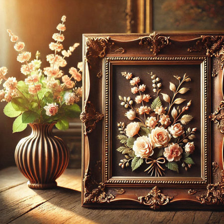Vintage photo frame with beautiful flowers in vase on wooden table