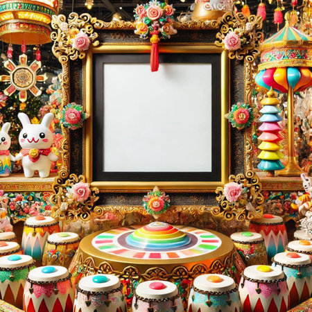 3d render of Chinese New Year decorations and blank frame with copy space
