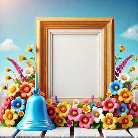 Blank picture frame with colorful flowers and bell on wooden table on blue sky background