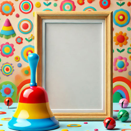 Wooden frame on colorful background with children's toys. 3d illustrationの写真素材