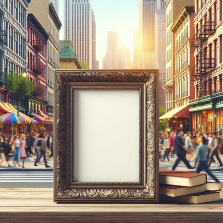 Blank picture frame on wooden table with city background, mock up, 3D renderingの写真素材
