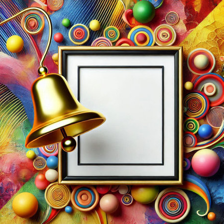 Christmas bell and frame on abstract colorful background. New Year card.の写真素材