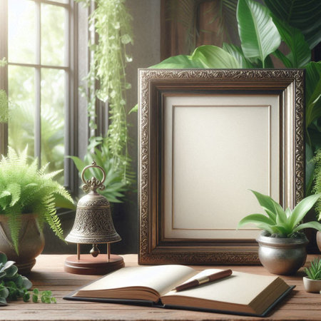 Mock up blank picture frame on wooden table with plant. 3d renderingの写真素材