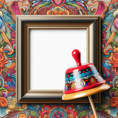 Photo frame with christmas bell on colorful doodle background.