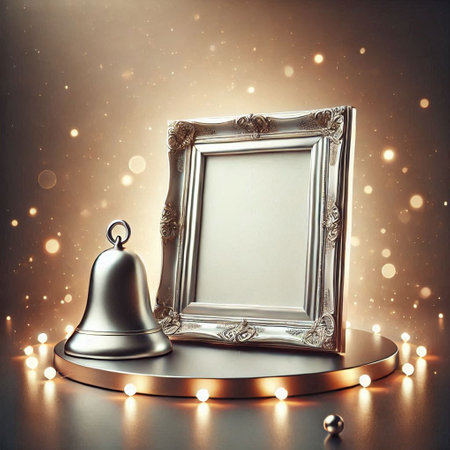 Silver picture frame with bell on shiny background with bokeh effectの写真素材
