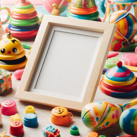 Wooden frame with colorful toys on white wooden table, top viewの写真素材