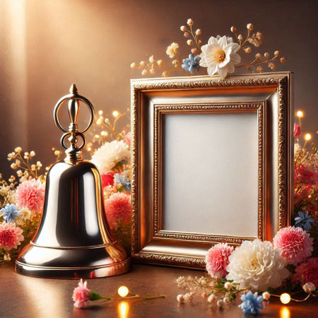 Photo frame with bells and flowers on dark background. Copy space.の写真素材