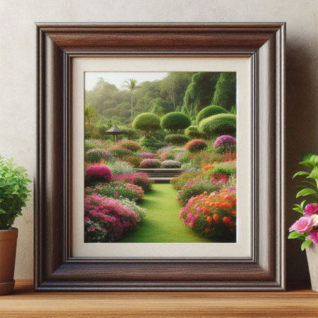 Wooden frame with picture of beautiful garden. 3D Rendering