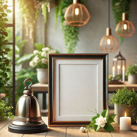 Mock up frame with golden bell and flowers on wooden table.の写真素材
