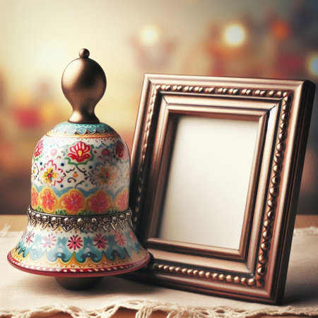Vintage photo frame and decorative bell on table on bright background.の写真素材