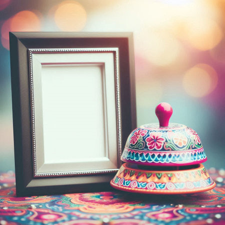 Vintage photo frame and bell on the table with bokeh background