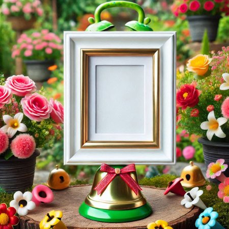 Blank photo frame with decoration in the garden. Vintage style.の写真素材