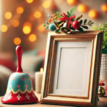 Christmas decoration with empty photo frame on wooden table, on light background