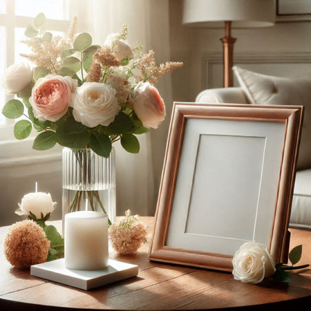 Wedding decoration with photo frame and flowers on wooden table.の写真素材