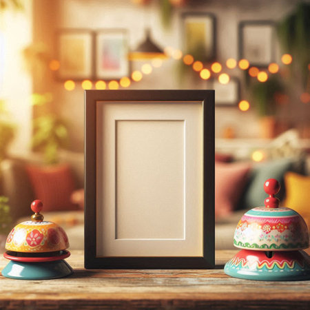 Blank photo frame with toy bell on wooden table in living roomの写真素材