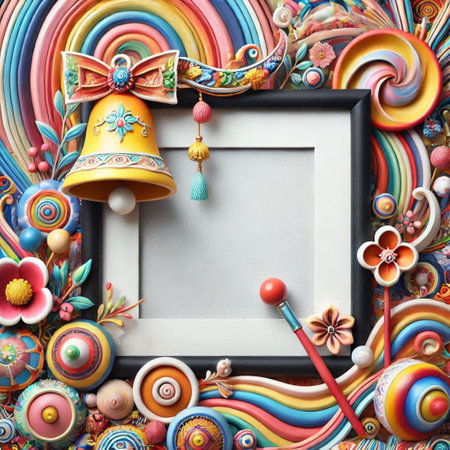 Colorful picture frame with christmas bell and decorations on abstract backgroundの写真素材