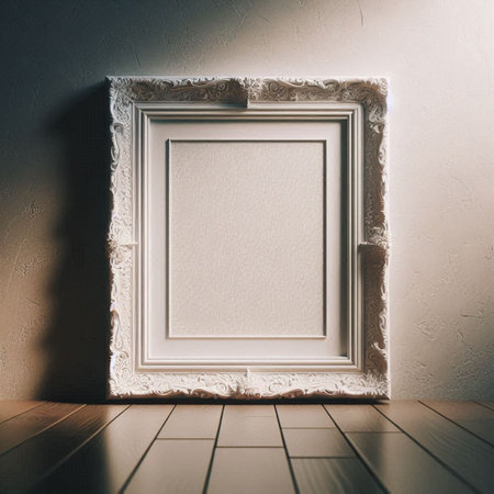 Blank picture frame on wooden floor. Mock up, 3D Rendering
