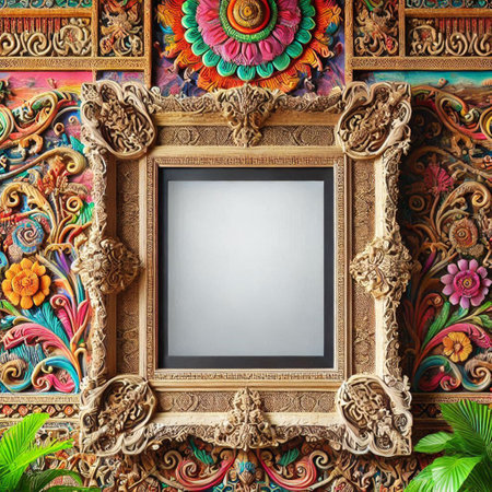Vintage frame on the wall with floral pattern. 3d renderingの写真素材