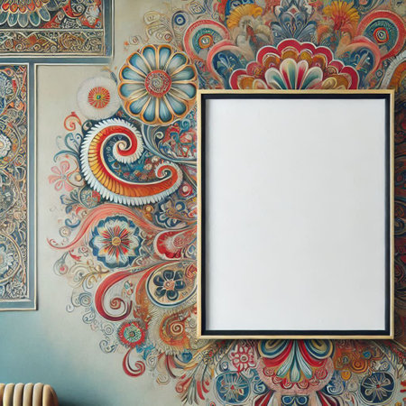 Mockup frame in the interior of the room with a pattern on the wallの写真素材