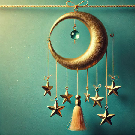 Christmas decoration with gold moon and stars on turquoise background.の写真素材